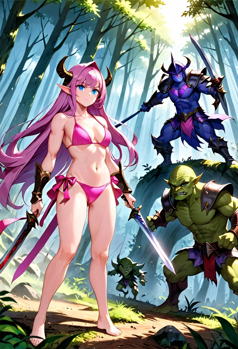 Pink bikini armor and helmet、blue eyes、Purple long hair、Macho woman、Fight against goblins with a sword in the forest