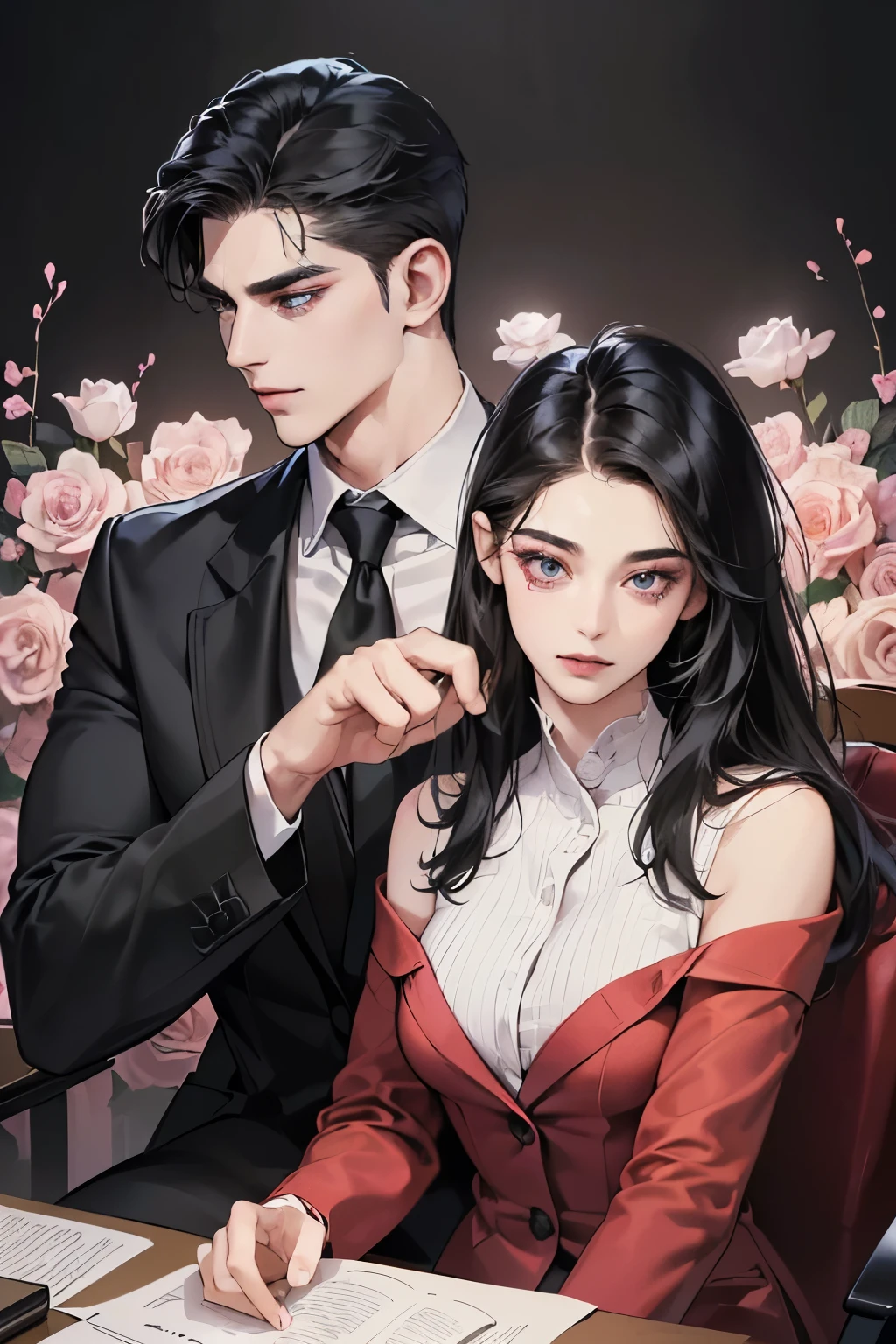 (Tabletop, Digital Art, Digital Illustration, 4K, 8K, Very detailed, Beautiful images, Clear images, Realistic, RAW Photos, Perfect Face, Perfect Lines, Perfect Eyes, Soft lighting) 1 female, (Long black hair,Straight hair,Bullish view,Beautiful woman,Man in suit,Apply makeup thoroughly,Girl,:1.3),secretary, Two handsome men in suits, (human,Man in suit,Muscular,Strong shoulder width, human,Boyish hairstyle,English gentleman;style,A man in his 30s with a cool expression,A 28-year-old man with a bright smile:1.2),Red sports car、drive、ride in a car、Couple,(1 boy, a boy is grabbing girl’s breasts from behind:1.3),Pink Rose