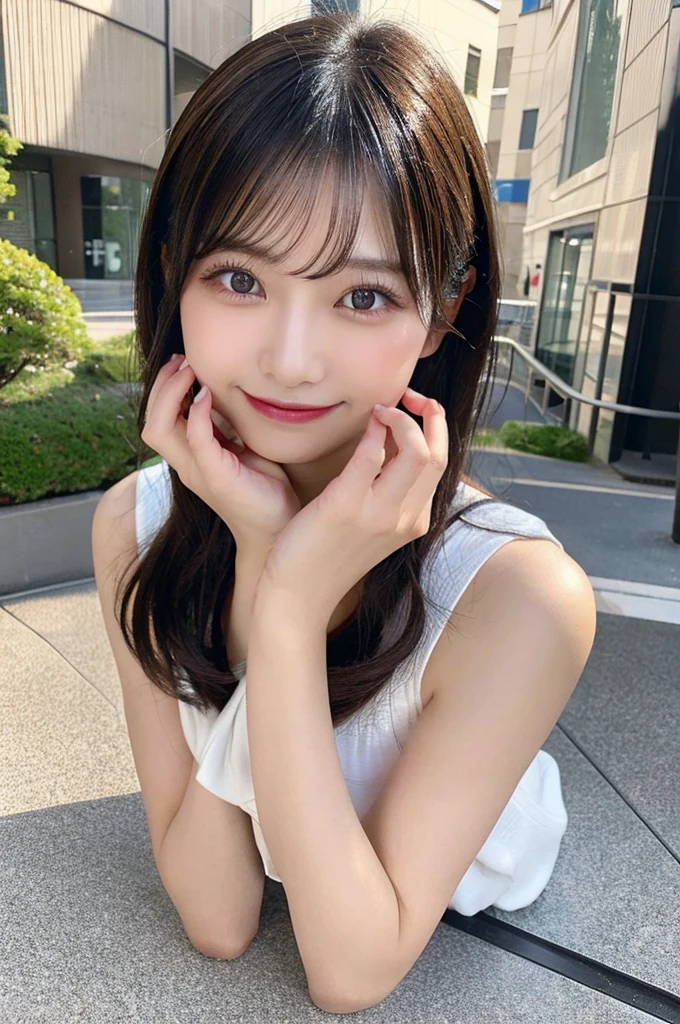 最high quality,Very detailed,finely,High resolution,8K壁紙,Perfect dynamic composition,Young Japanese Woman,Age 25, Black Hair, thin, 4K, 8K, high quality, beauty, smile, White teeth,Beautiful Eyes, Characterized by simplicity, High resolution,1 person,Japanese Idols,Large Breasts,Landmine Makeup,Red cheeks,Hands on chin,Burikko Pose,Small face pose