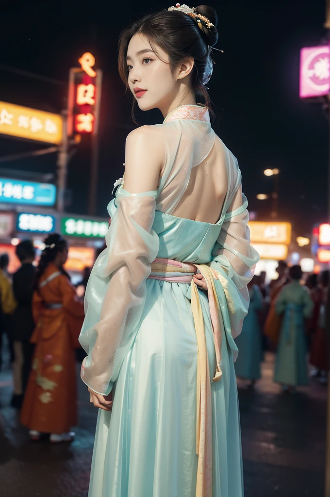 (((best quality))),(((ultra detailed))),(((masterpiece))),illustration,1girl,bun hair,(see through gauze hanbok:1.3),collar,slim,laughing, summer night,Korean city scape, street, neon signs, beautiful, vibrant, detailed facial features,medium hair, elegance, cultural atmosphere, bustling city,tall buildings full of colorful advertisements, reflections, lively atmosphere, street food aroma,upper body,from back,(shoulder off,bare back,towering hips,butt crack)