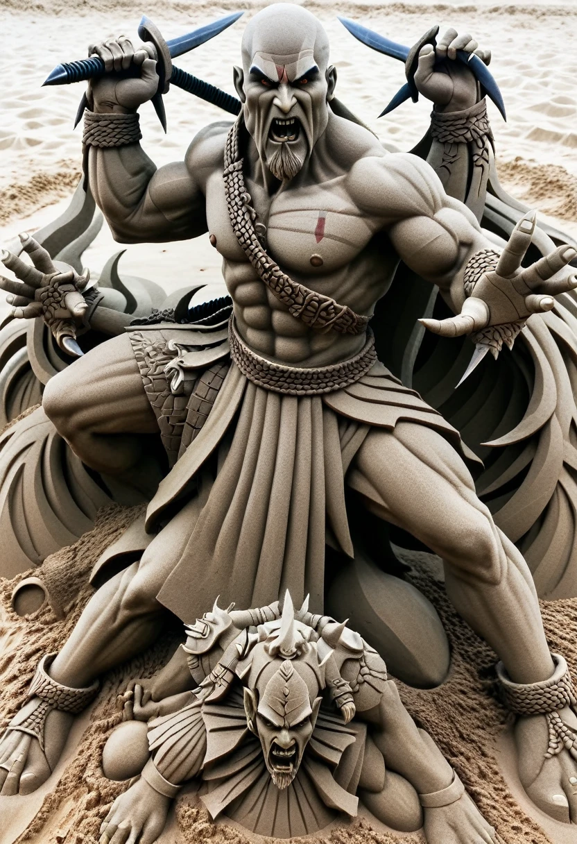 Sand sculpture style, The three-headed, eight-armed god of war wields six sharp weapons,Weave your way through the battlefield,Unrivaled Strength,Overwhelm the enemy,Strong sense of déjà vu。