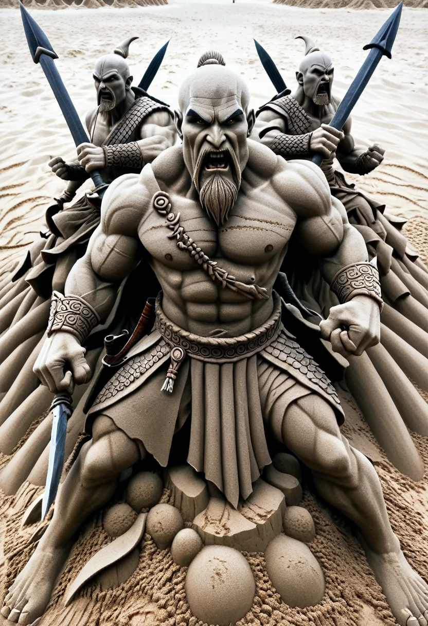 Sand sculpture style, The three-headed, eight-armed god of war wields six sharp weapons，Weave your way through the battlefield，Unrivaled Strength，Overwhelm the enemy，Strong sense of déjà vu。