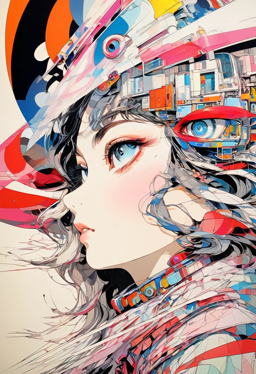 (masterpiece, Highest quality), 32k,(Highly detailed beautiful woman), Poster,sf,1960s,1970s,Bauhaus, shape, Abstract, advertisement,movie 映画のPoster, Vintage,Retro,Futuristic,anime,highlight,Highly detailed eyes,Mr..々angle、非常に詳細な多種多Mr..Expression,Very complex tattoos,Cleavage,非常に複雑な模Mr..,Mandala,幾何学模Mr..