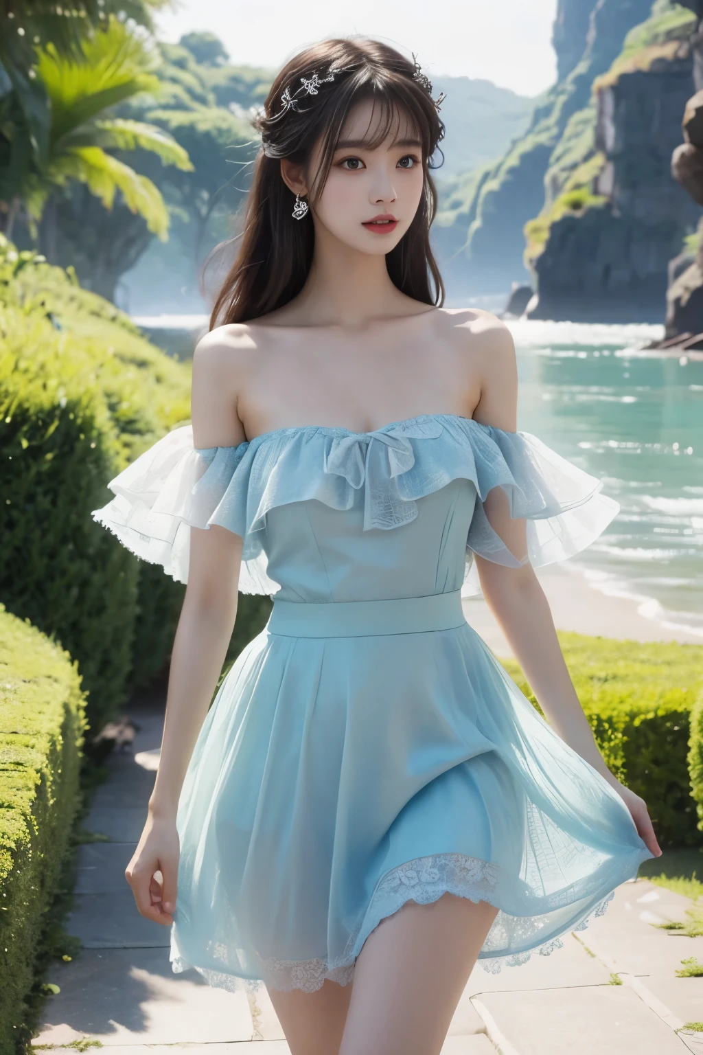 fairy dress ((Large Breasts)), ((D cup)), Visible cleavage,Highly detailed face and skin texture,((Bare shoulder)), Double eyelids,Skin Whitening,Long hair,Whitening long legs,Standing by the sea, Fashion Girl, Red lips, Sweet Girl, Beautiful makeup, detail, lifelike, Very detailed, Astonishing, beautiful, Young and energetic, high quality,HD, Colorful, Beautifully, Smooth skin, The skirt is very short, Official Art, Extremely detailed, Movie atmosphere, Soft colors, Natural skin texture, Random scene, random shooting Angle, Black over-the-knee socks, lace hem