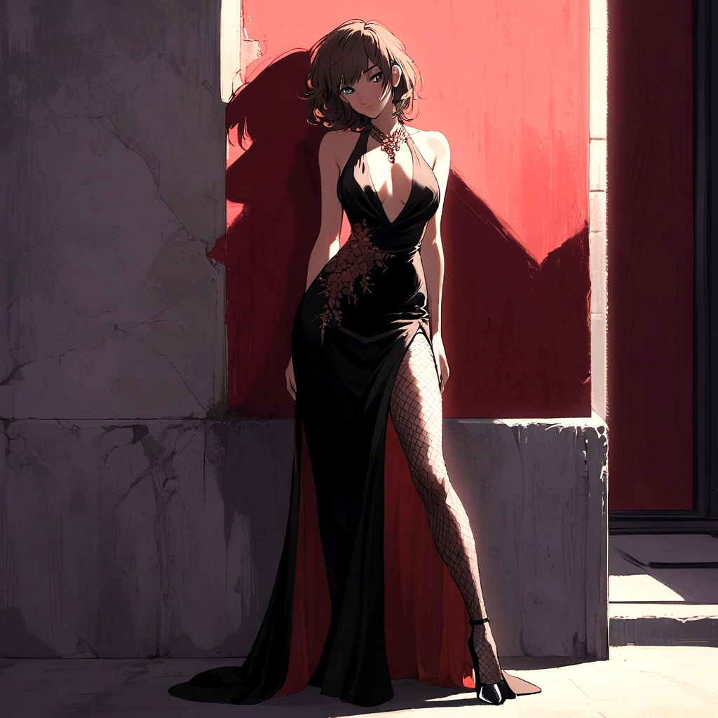 A female character in Tsukasa Hojo style, wearing a long black dress with a high slit, revealing a pair of black fishnet stockings and black stiletto heels. Her eyes are shadowed and her lips are painted a deep red. She is leaning against a wall, looking away from the viewer with a hint of a smile.