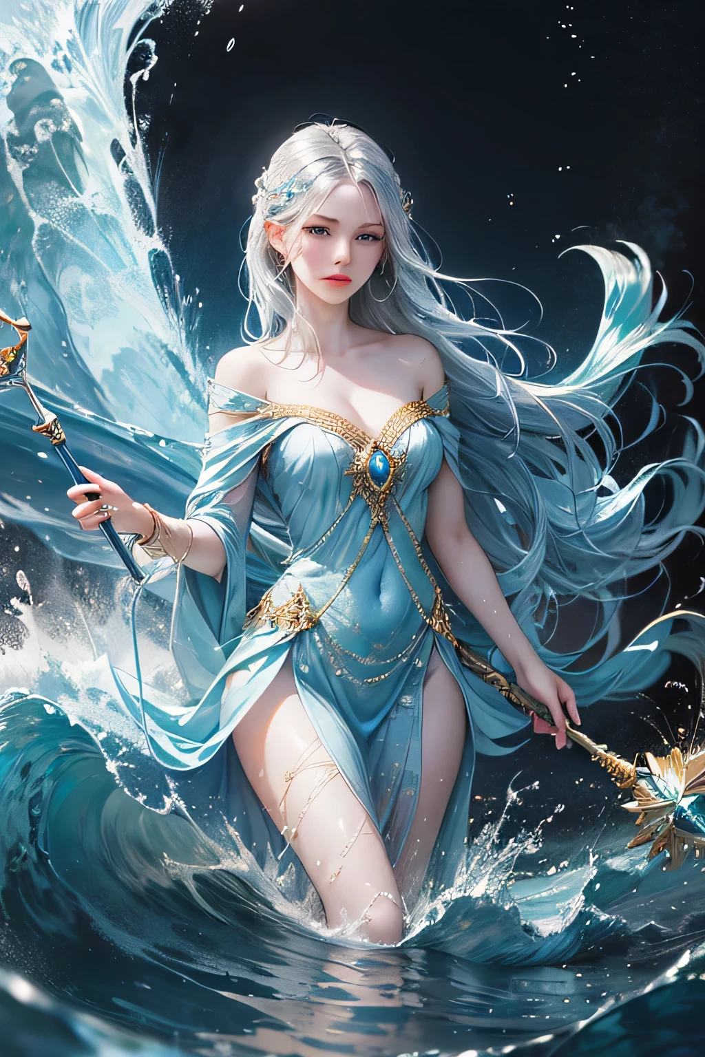 "Create an ultra-realistic image of a beautiful 21-year-old girl holding a magical staff that radiates the essence of water. She should be dressed in an elegant, blue shaded outfit that reflects her deep connection to the element of water. Surround her with elements of water, such as cascading waves, shimmering droplets, and serene reflections, to showcase her mastery over this element. Include a distinct water symbol on her body, signifying her role as the keeper of water and illustrating the powerful, fluid energy of water she possesses within her."