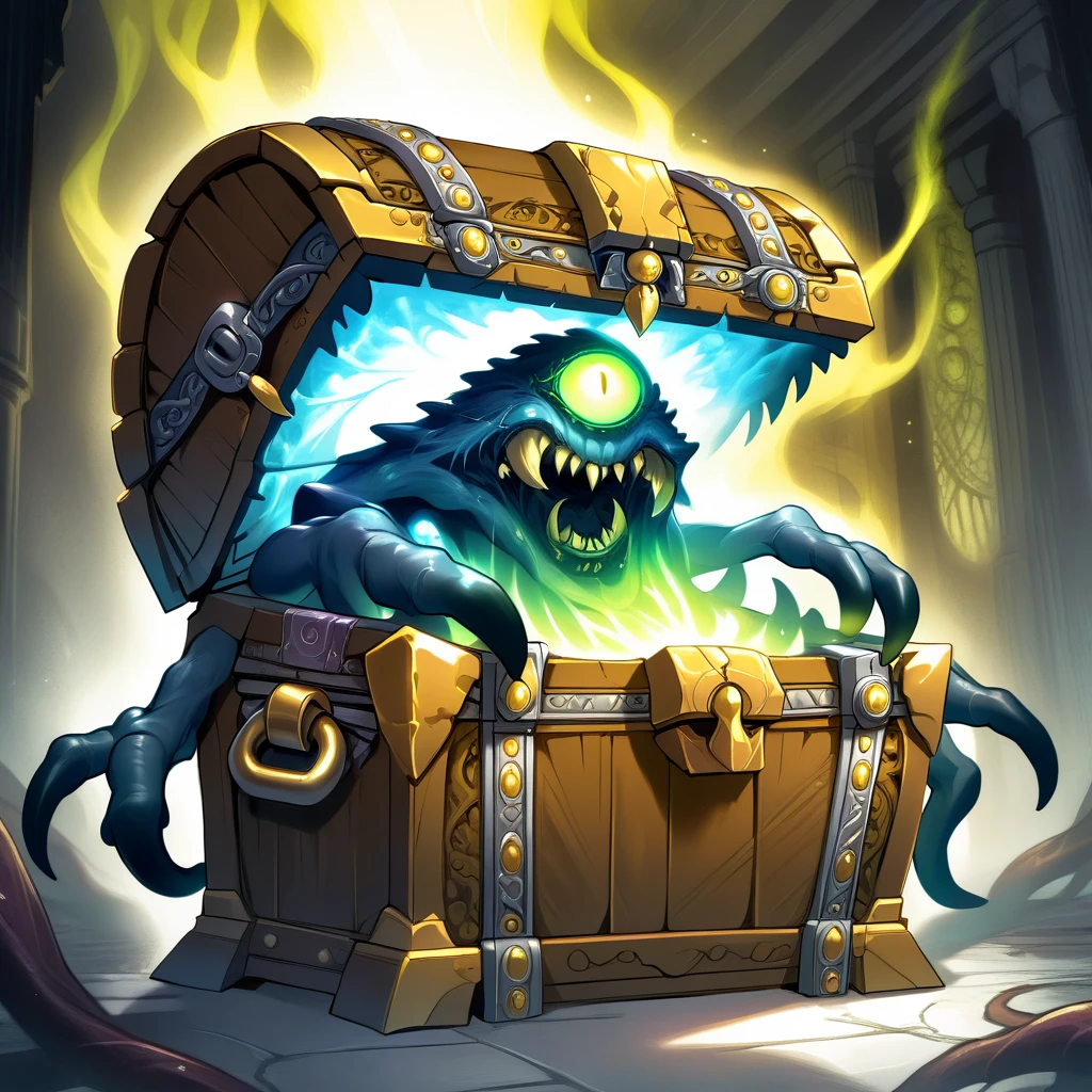 a monster disguised as a treasure chest, highly detailed, intricate design, ornate golden accents, glowing magical aura, sharp claws and teeth, ominous presence, fantasy, dark moody lighting, cinematic composition, dramatic shadows, rich colors, digital painting, concept art, award-winning