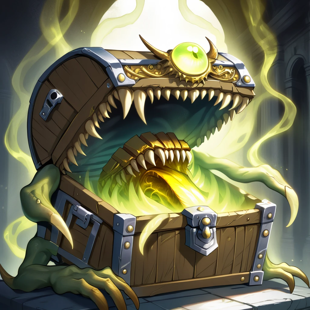 a monster disguised as a treasure chest, highly detailed, intricate design, ornate golden accents, glowing magical aura, sharp claws and teeth, ominous presence, fantasy, dark moody lighting, cinematic composition, dramatic shadows, rich colors, digital painting, concept art, award-winning