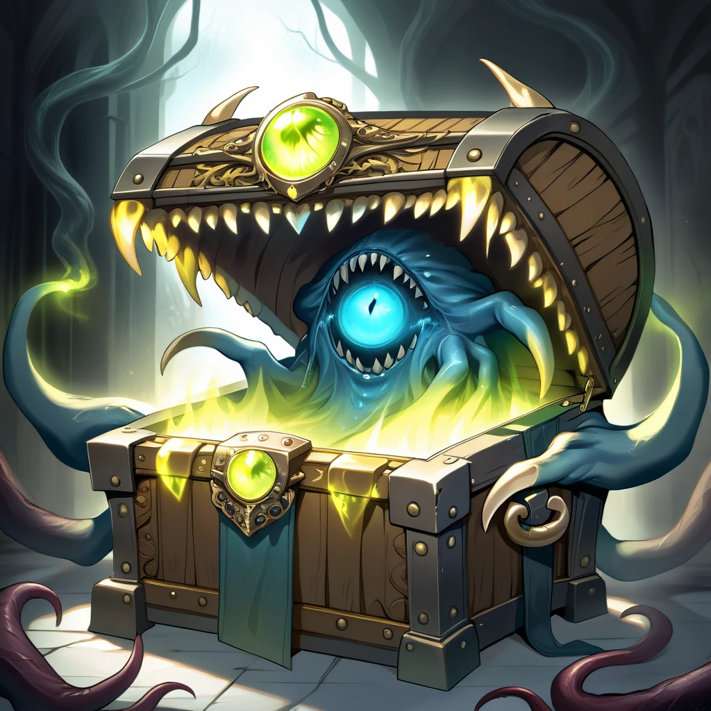 a monster disguised as a treasure chest, highly detailed, intricate design, ornate golden accents, glowing magical aura, sharp claws and teeth, ominous presence, fantasy, dark moody lighting, cinematic composition, dramatic shadows, rich colors, digital painting, concept art, award-winning