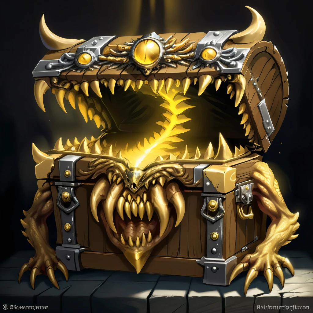 a monster disguised as a treasure chest, highly detailed, intricate design, ornate golden accents, glowing magical aura, sharp claws and teeth, ominous presence, fantasy, dark moody lighting, cinematic composition, dramatic shadows, rich colors, digital painting, concept art, award-winning