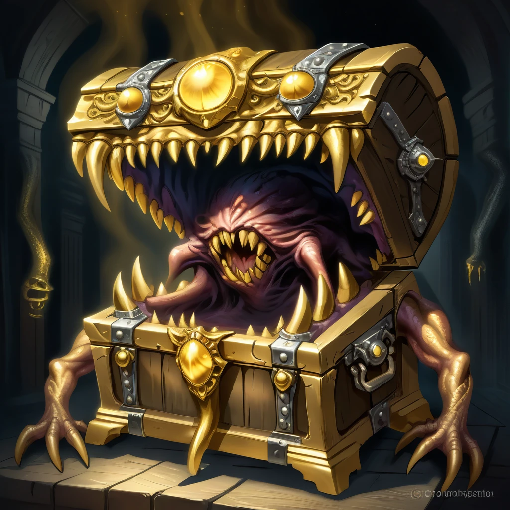 a monster disguised as a treasure chest, highly detailed, intricate design, ornate golden accents, glowing magical aura, sharp claws and teeth, ominous presence, fantasy, dark moody lighting, cinematic composition, dramatic shadows, rich colors, digital painting, concept art, award-winning