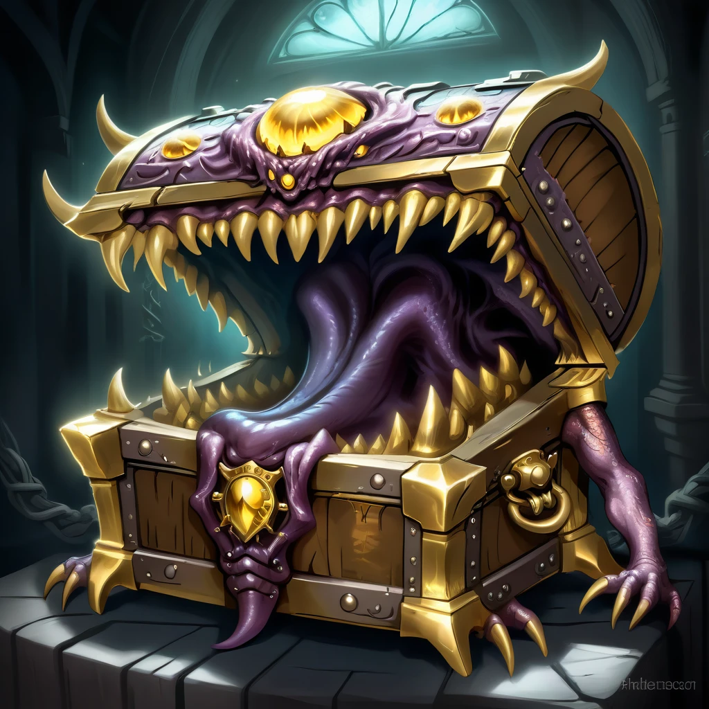 a monster disguised as a treasure chest, highly detailed, intricate design, ornate golden accents, glowing magical aura, sharp claws and teeth, ominous presence, fantasy, dark moody lighting, cinematic composition, dramatic shadows, rich colors, digital painting, concept art, award-winning