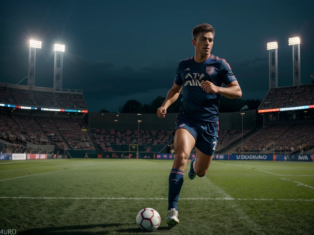 a men soccer player, detailed sports uniform, soccer ball, dynamic action pose, running on the field, outdoor stadium, crowd cheering, dramatic lighting, cinematic composition, photorealistic, (best quality,4k,8k,highres,masterpiece:1.2),ultra-detailed,(realistic,photorealistic,photo-realistic:1.37),HDR,UHD,studio lighting,ultra-fine painting,sharp focus,physically-based rendering,extreme detail description,professional,vivid colors,bokeh,sports photography