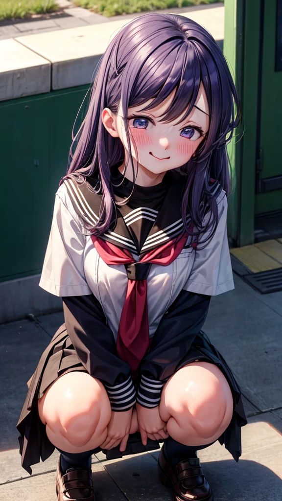 Shy blushing ahegao tongue out Cute girl peeing through her panties squatting down legs apart wearing her uniform from school nsfw. Puddles of pee between her legs.