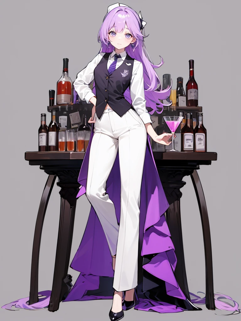 purple,High cut layered hair,woman,bartender,vest,shirt,tie,pants,high heels,all,simple background,smile,whole body,full body,full body,Standing picture,vtuber,upright,,look forward to,body facing forward