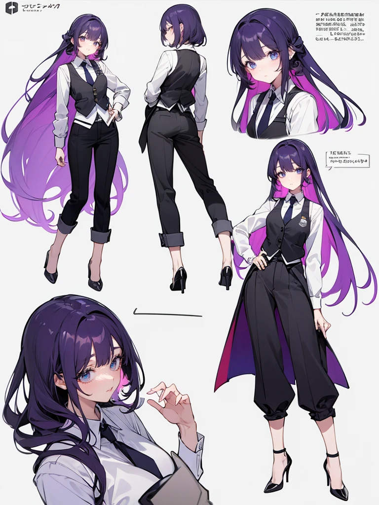 purple,High cut layered hair,woman,bartender,vest,shirt,tie,pants,high heels,all,simple background,smile,whole body,full body,full body,Standing picture,vtuber,upright,,look forward to,body facing forward