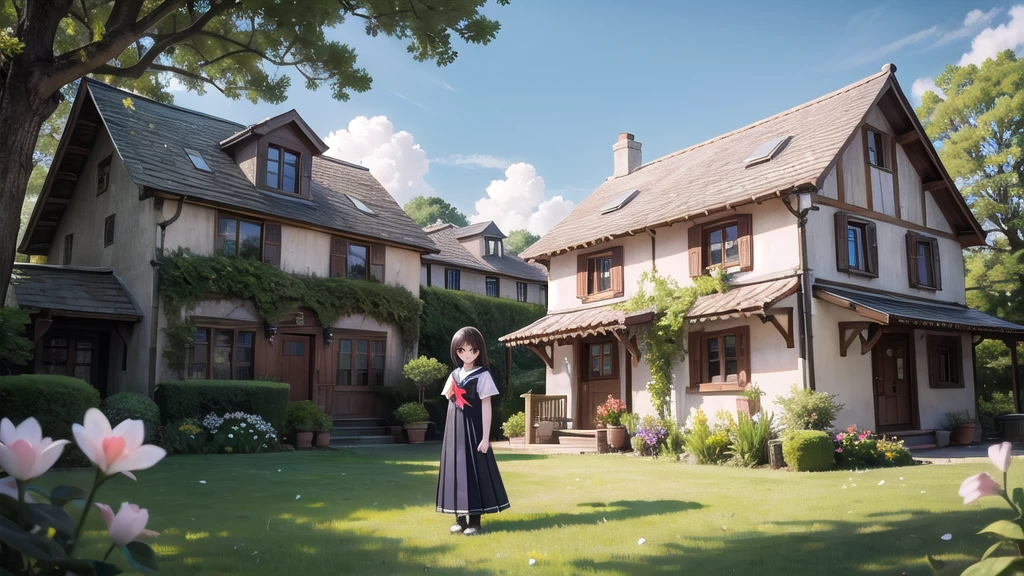 (masterpiece), town, blue sky, One girl, smile, alone, Sailor suit、Long skirt, Overgrown, petal, plant、Skirt lining、Translucent slip