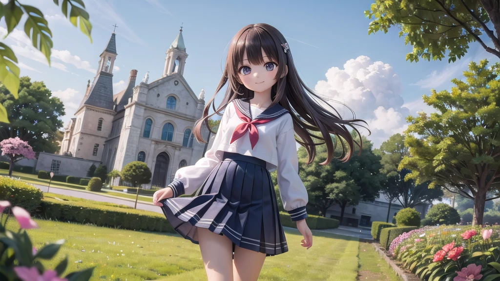 (masterpiece), town, blue sky, One girl, smile, alone, Sailor suit、Long skirt, Overgrown, petal, plant、Skirt lining、Translucent slip