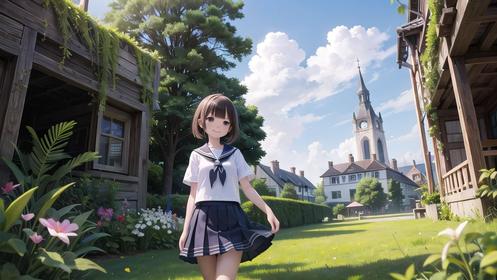 (masterpiece), town, blue sky, One girl, smile, alone, Sailor suit、Long skirt, Overgrown, petal, plant、Skirt lining、Translucent slip