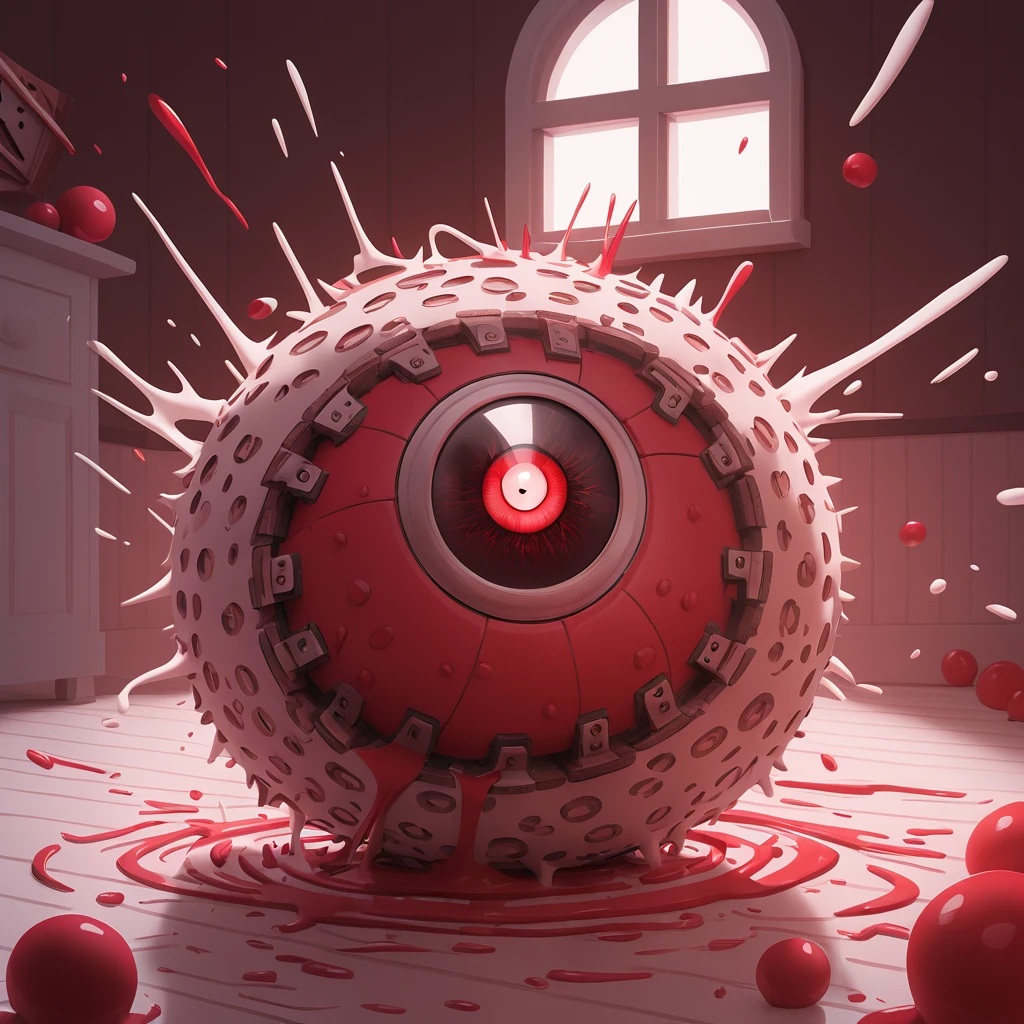 fluffy cute ball of chainsaw with a crazy looking eye and splashed with crimson in a house