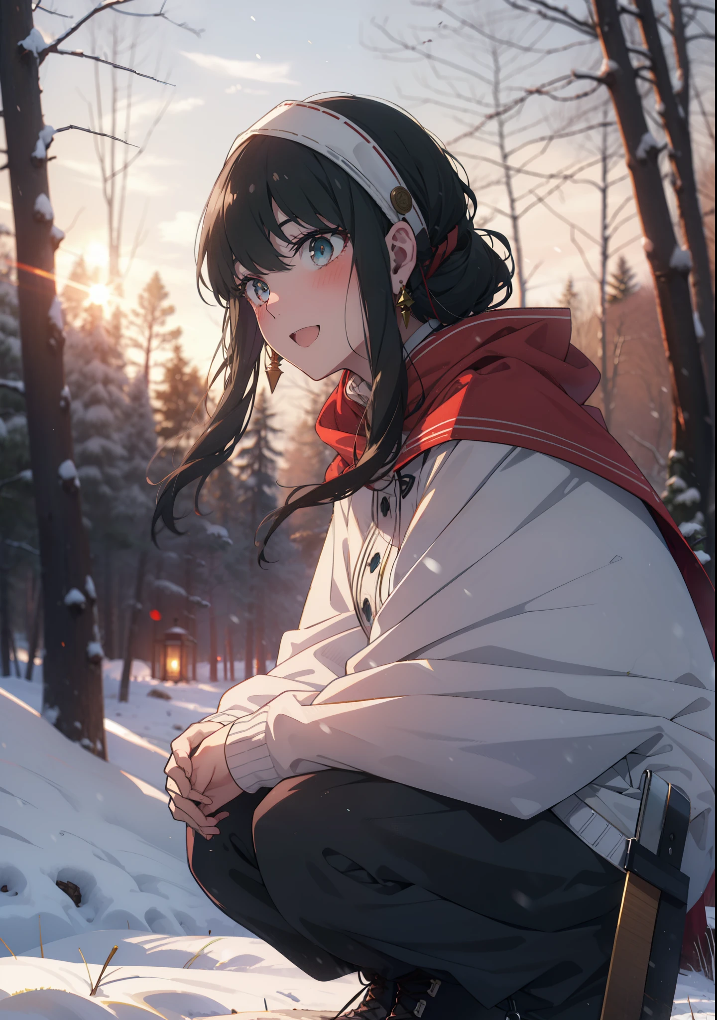 Your thorns, One Girl, blush, Black Hair,Red eyes, hair band, jewelry, Earrings, happy smile, smile, Open your mouth,
Open your mouth,snow,Ground bonfire, Outdoor, boots, snowing, From the side, wood, suitcase, Cape, Blurred, Eat food, forest, White handbag, nature, Squat, Mouth closed, フードed Cape, winter, Written boundary depth, Black shoes, red Cape,evening,Sunset,The sun is setting, break looking at viewer, Upper Body, whole body, break Outdoor, forest, nature, break (masterpiece:1.2), Highest quality, High resolution, unity 8k wallpaper, (shape:0.8), (Beautiful and beautiful eyes:1.6), Highly detailed face, Perfect lighting, Highly detailed CG, (Perfect hands, Perfect Anatomy),