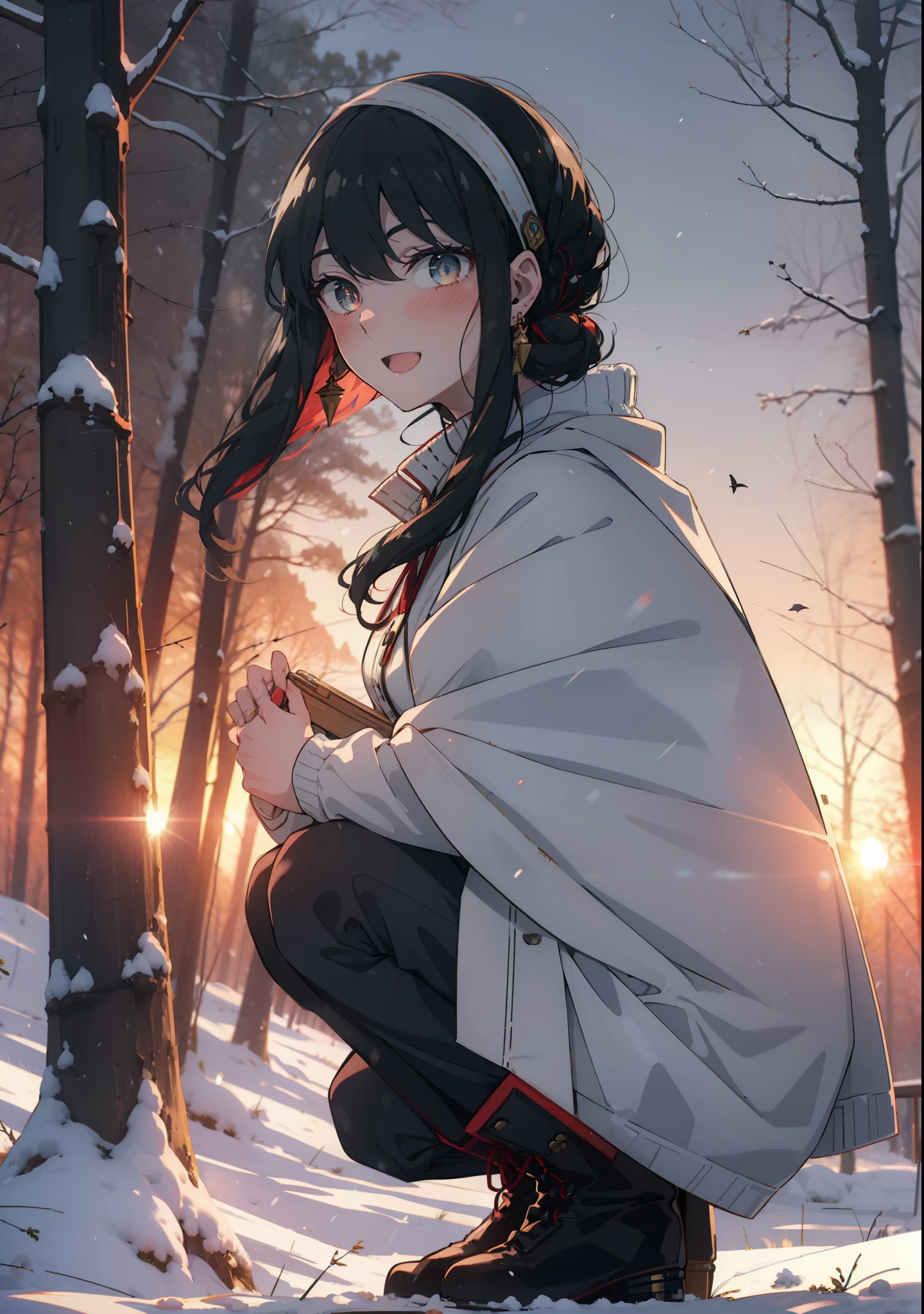 Your thorns, One Girl, blush, Black Hair,Red eyes, hair band, jewelry, Earrings, happy smile, smile, Open your mouth,
Open your mouth,snow,Ground bonfire, Outdoor, boots, snowing, From the side, wood, suitcase, Cape, Blurred, Eat food, forest, White handbag, nature,  Squat, Mouth closed, フードed Cape, winter, Written boundary depth, Black shoes, red Cape,evening,Sunset,The sun is setting, break looking at viewer, Upper Body, whole body, break Outdoor, forest, nature, break (masterpiece:1.2), Highest quality, High resolution, unity 8k wallpaper, (shape:0.8), (Beautiful and beautiful eyes:1.6), Highly detailed face, Perfect lighting, Highly detailed CG, (Perfect hands, Perfect ???????),