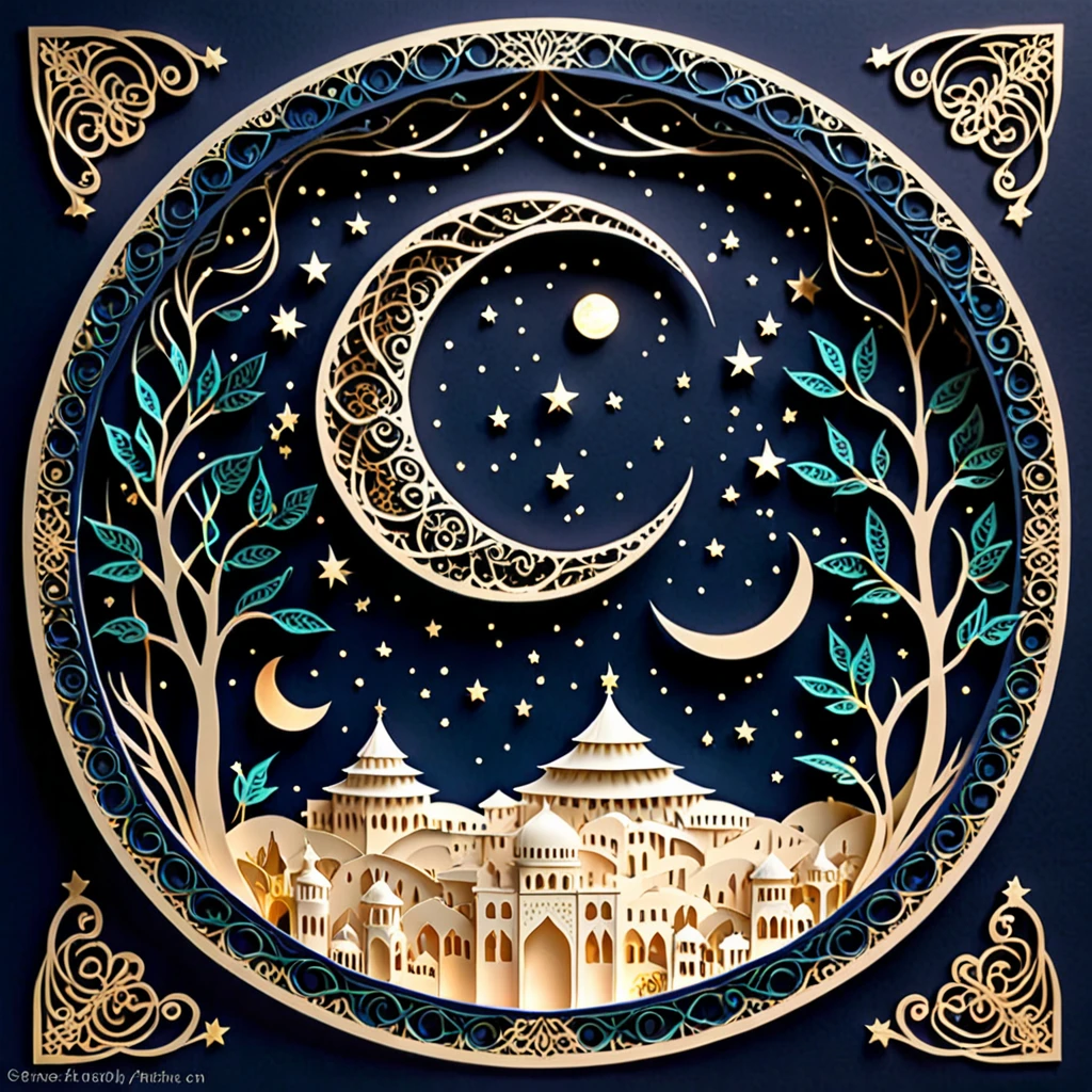Create a detailed paper cutout artwork depicting an intricate scene of arabesque patterns against a moonlit night. The artwork should include elaborate, swirling designs that capture the essence of arabesque art, set against the backdrop of a serene night sky illuminated by a full moon. The moonlight should cast delicate shadows and highlights on the patterns, enhancing their depth and intricacy. The overall mood should be mystical and elegant, evoking a sense of timeless beauty.