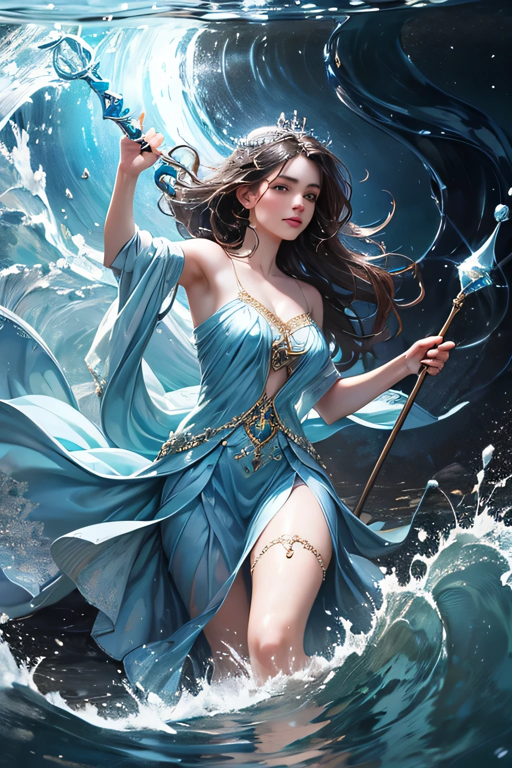 "Create an ultra-realistic image of a beautiful 21-year-old girl holding a magical staff that radiates the essence of water. She should be dressed in an elegant, blue shaded outfit that reflects her deep connection to the element of water. Surround her with elements of water, such as cascading waves, shimmering droplets, and serene reflections, to showcase her mastery over this element. Include a distinct water symbol on her body, signifying her role as the keeper of water and illustrating the powerful, fluid energy of water she possesses within her."