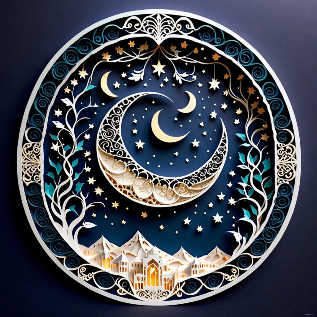 Create a detailed paper cutout artwork depicting an intricate scene of arabesque patterns against a moonlit night. The artwork should include elaborate, swirling designs that capture the essence of arabesque art, set against the backdrop of a serene night sky illuminated by a full moon. The moonlight should cast delicate shadows and highlights on the patterns, enhancing their depth and intricacy. The overall mood should be mystical and elegant, evoking a sense of timeless beauty.