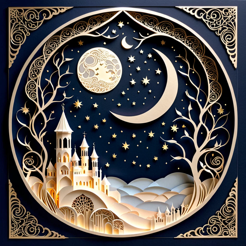 Create a detailed paper cutout artwork depicting an intricate scene of arabesque patterns against a moonlit night. The artwork should include elaborate, swirling designs that capture the essence of arabesque art, set against the backdrop of a serene night sky illuminated by a full moon. The moonlight should cast delicate shadows and highlights on the patterns, enhancing their depth and intricacy. The overall mood should be mystical and elegant, evoking a sense of timeless beauty.