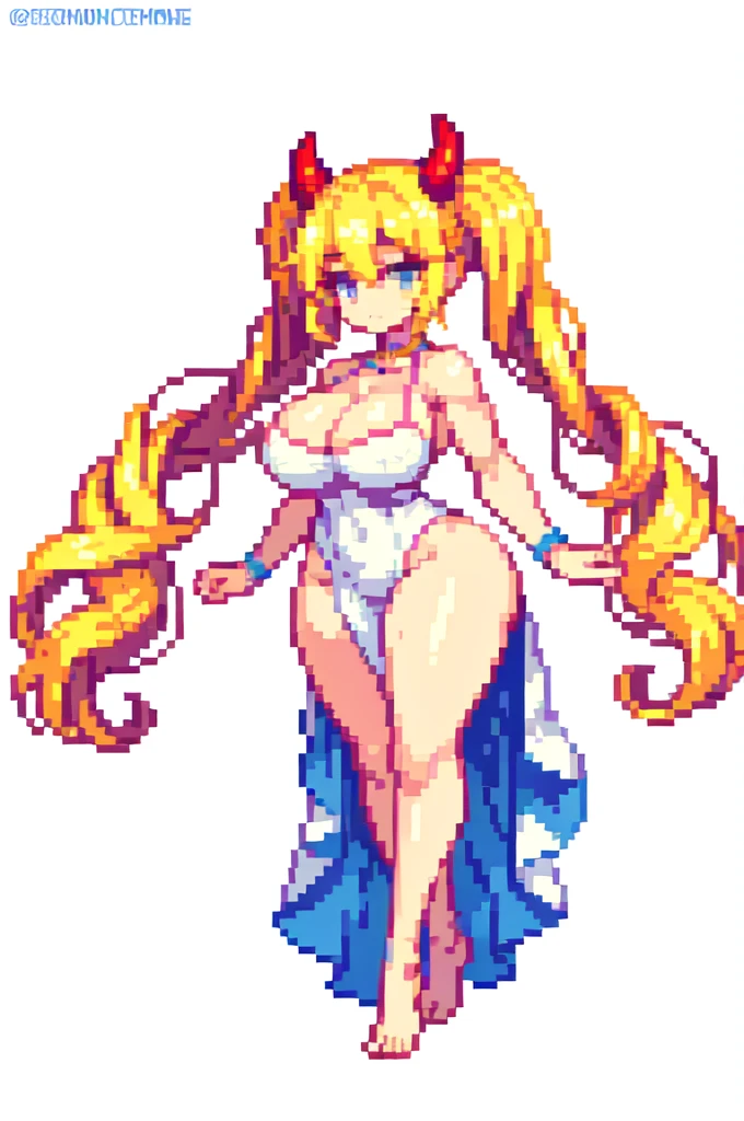 extra arms,devil,barefoot,{{lift one leg}},{{very muscular}},{{very gigantic breasts}} ,{{very curvy}} , ,masterpiece , best quality , pixel art , 1 girl ,{full body},  voluptuous ,twintails,blonde hair ,white dress,white background