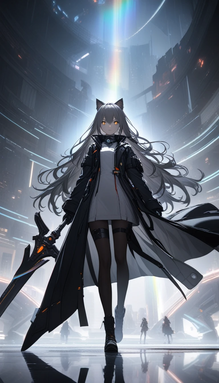 32k, Highest quality, 超High resolution, High resolution, 超High resolution, Highly detailed CG, unity 32k wallpaper, dark, Futuristic, Silhouette of a girl with cat ears and long hair, Flowing coat, A mechanical cat carrying a giant scythe with a built-in blade, Standing on a minimalist reflective surface, Light Gray Background. --AR4:3 --Stylize 600 --Rainbow 6, 