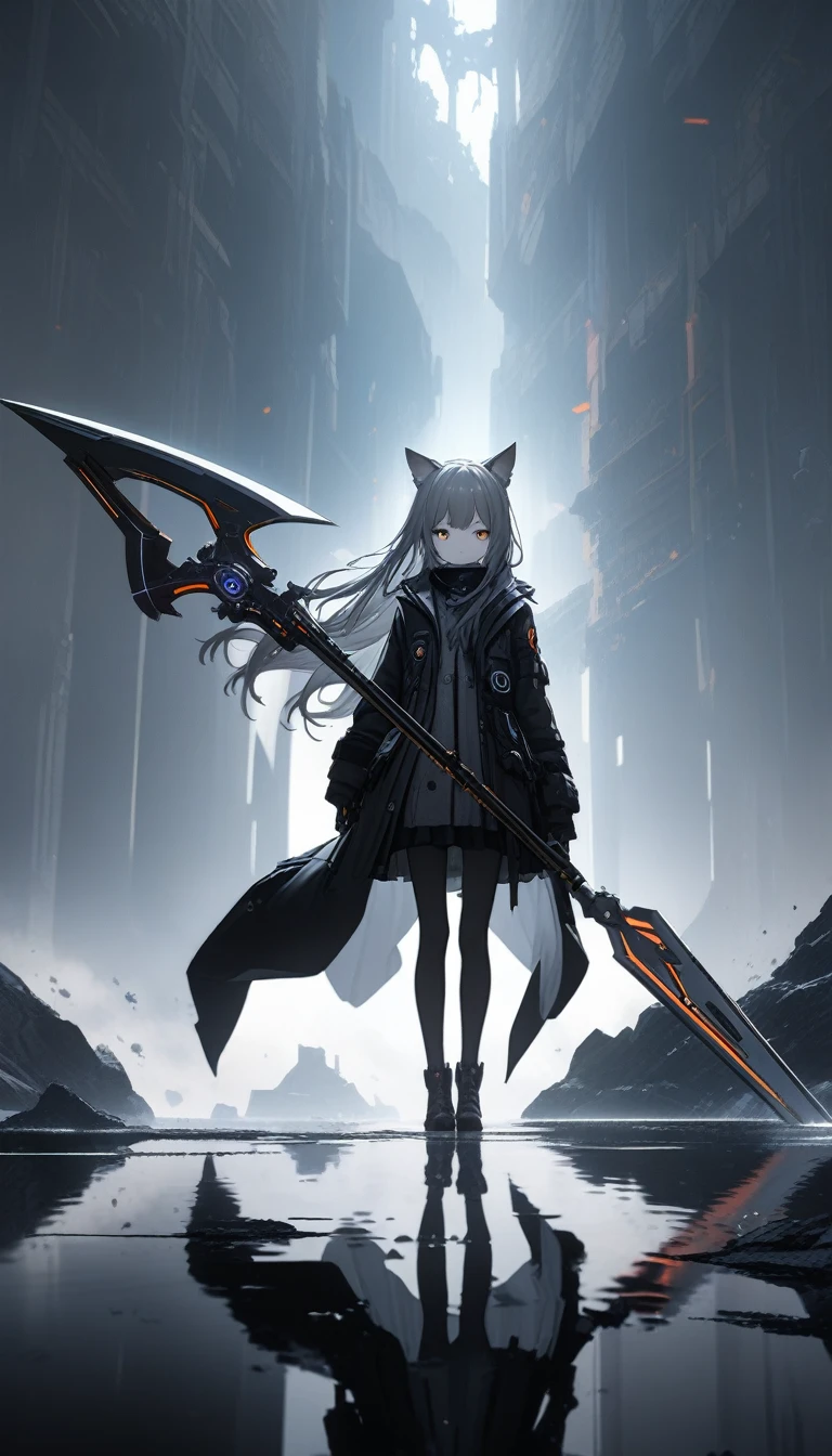 32k, Highest quality, 超High resolution, High resolution, 超High resolution, Highly detailed CG, unity 32k wallpaper, dark, Futuristic, Silhouette of a girl with cat ears and long hair, Flowing coat, A mechanical cat carrying a giant scythe with a built-in blade, Standing on a minimalist reflective surface, Light Gray Background. --AR4:3 --Stylize 600 --Rainbow 6,