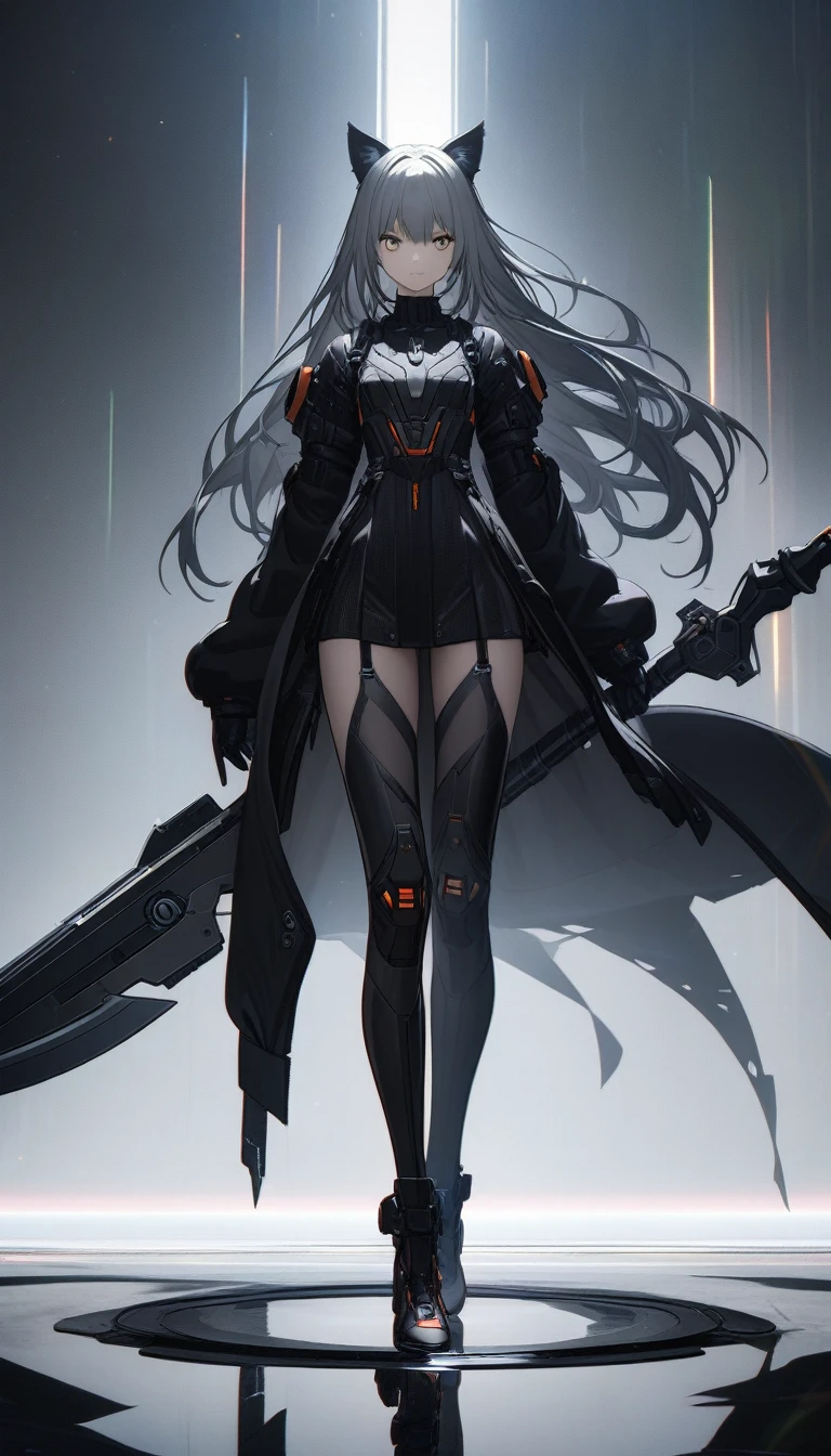 32k, Highest quality, 超High resolution, High resolution, 超High resolution, Highly detailed CG, unity 32k wallpaper, dark, Futuristic, Silhouette of a girl with cat ears and long hair, Flowing coat, A mechanical cat carrying a giant scythe with a built-in blade, Standing on a minimalist reflective surface, Light Gray Background. --AR4:3 --Stylize 600 --Rainbow 6,