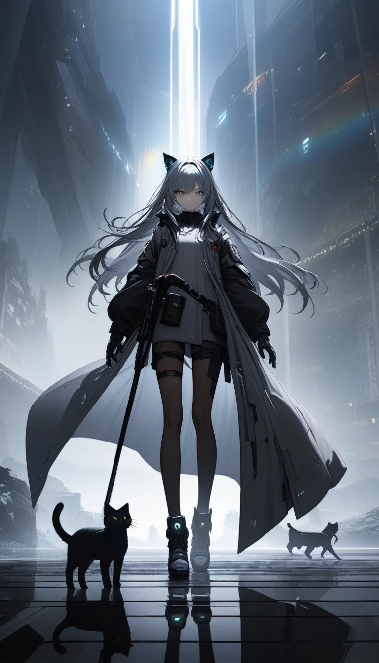 32k, Highest quality, 超High resolution, High resolution, 超High resolution, Highly detailed CG, unity 32k wallpaper, dark, Futuristic, Silhouette of a girl with cat ears and long hair, Flowing coat, A mechanical cat carrying a giant scythe with a built-in blade, Standing on a minimalist reflective surface, Light Gray Background. --AR4:3 --Stylize 600 --Rainbow 6,