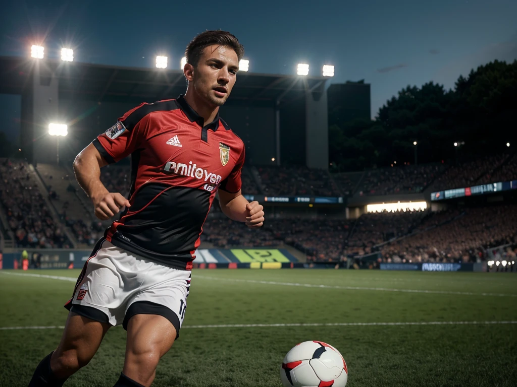a men soccer player, detailed sports uniform, soccer ball, dynamic action pose, running on the field, outdoor stadium, crowd cheering, dramatic lighting, cinematic composition, photorealistic, (best quality,4k,8k,highres,masterpiece:1.2),ultra-detailed,(realistic,photorealistic,photo-realistic:1.37),HDR,UHD,studio lighting,ultra-fine painting,sharp focus,physically-based rendering,extreme detail description,professional,vivid colors,bokeh,sports photography