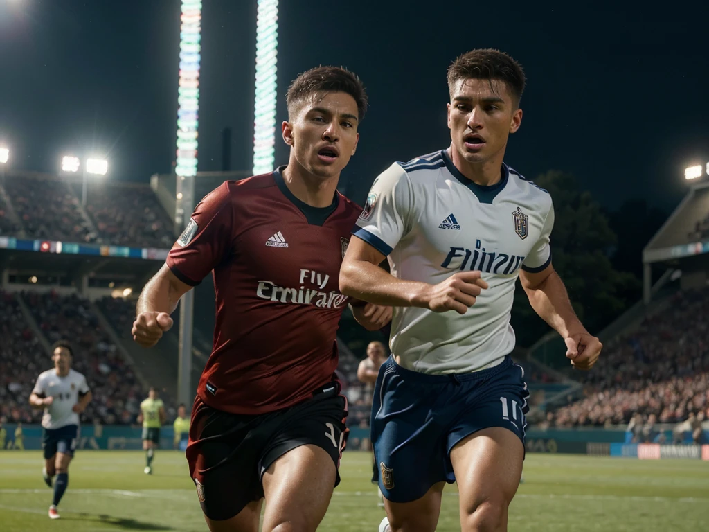 a men soccer player, detailed sports uniform, soccer ball, dynamic action pose, running on the field, outdoor stadium, crowd cheering, dramatic lighting, cinematic composition, photorealistic, (best quality,4k,8k,highres,masterpiece:1.2),ultra-detailed,(realistic,photorealistic,photo-realistic:1.37),HDR,UHD,studio lighting,ultra-fine painting,sharp focus,physically-based rendering,extreme detail description,professional,vivid colors,bokeh,sports photography