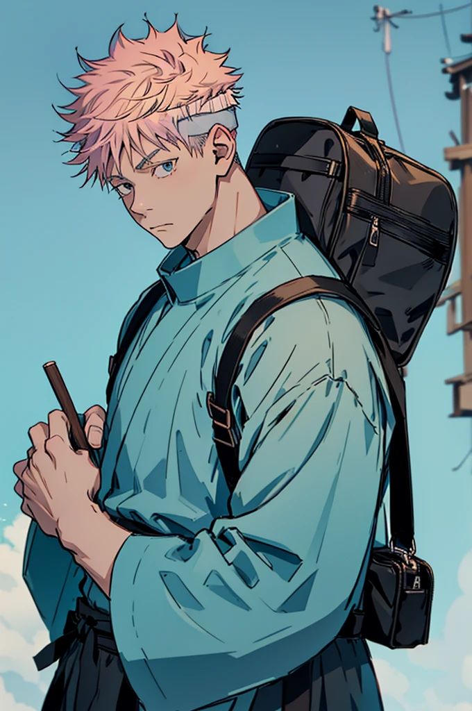 Create a cute, -sized version of Gojo Satoru from Jujutsu Kaisen. He is dressed in traditional Mississippi attire and wearing a bucket hat with a school bag on his back, looking at viewer. The background should be a plain teal color."