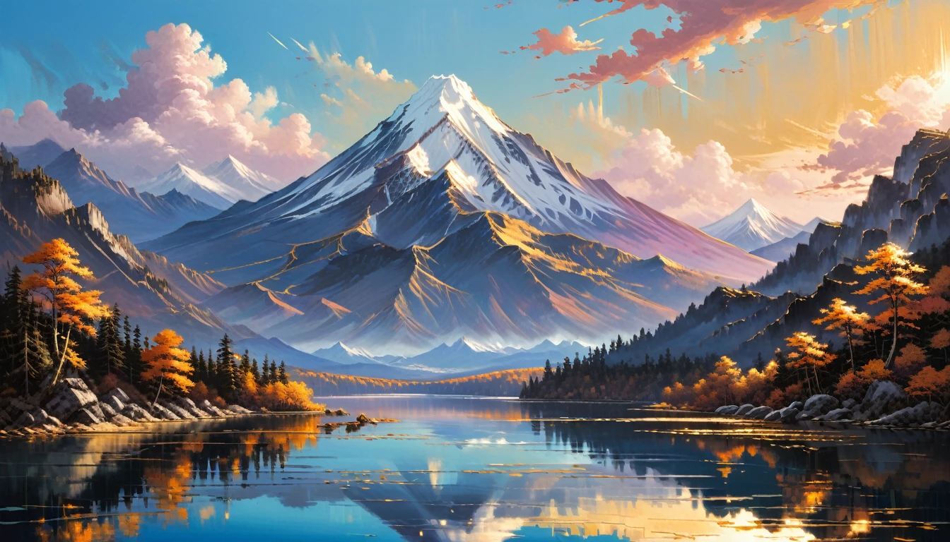 Gold leaf art, Alena Aenami, (masterpiece, Highest quality, Professional, Perfect composition, so beautiful, Absurd, Super detailed, Intricate details:1.3)、Fuji Mountain、Inverted Fuji reflected in the lake