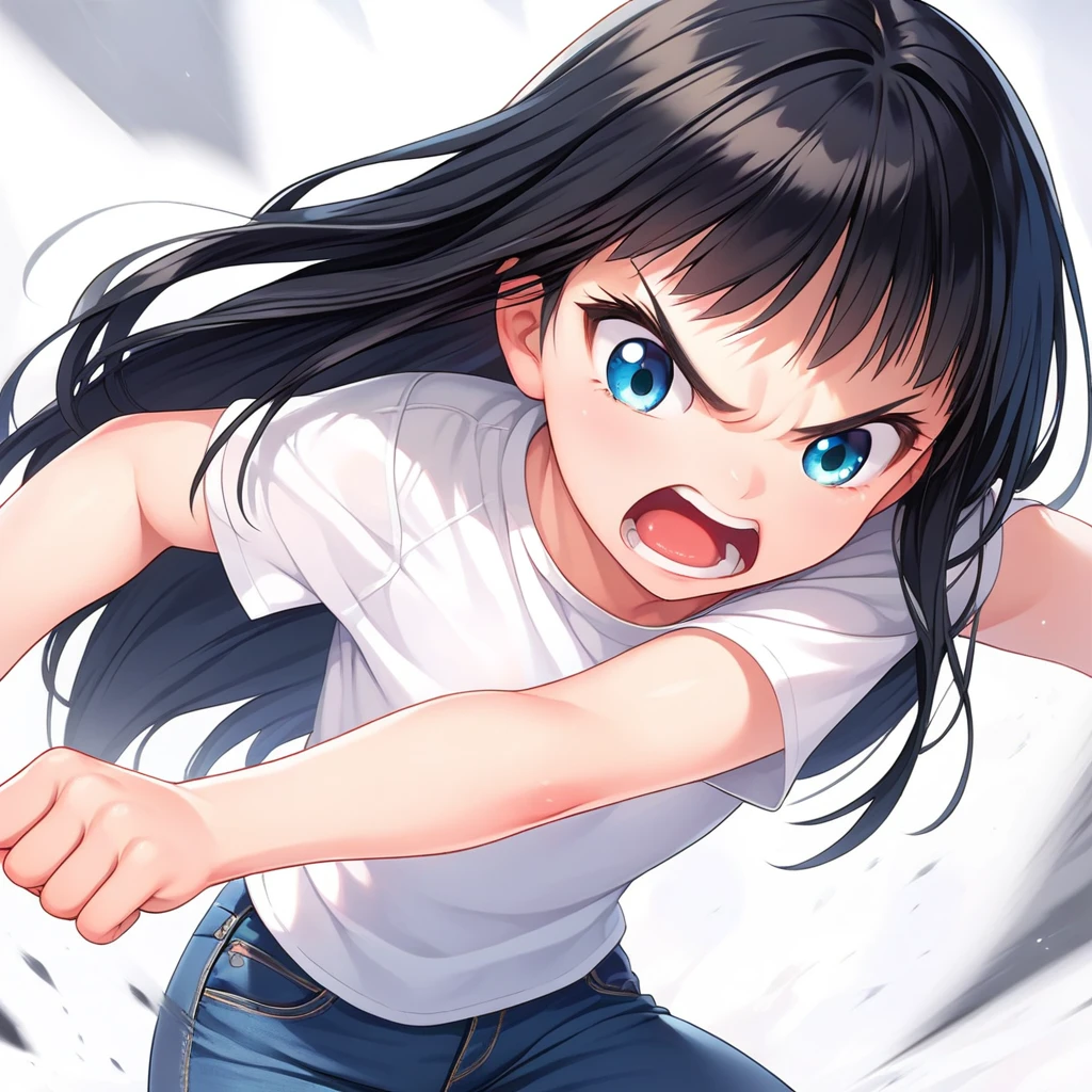 masterpiece , best quality , color , lineart , face close-up , 1 girl , solo , 20 years old , flat chest , long hair , black hair , bangs , short sleeve , white tshirts , long pants , jeans , (furious:1.5), standing , fight , open eyes , looking down , open mouth , from front , bedroom , simple backqround ,