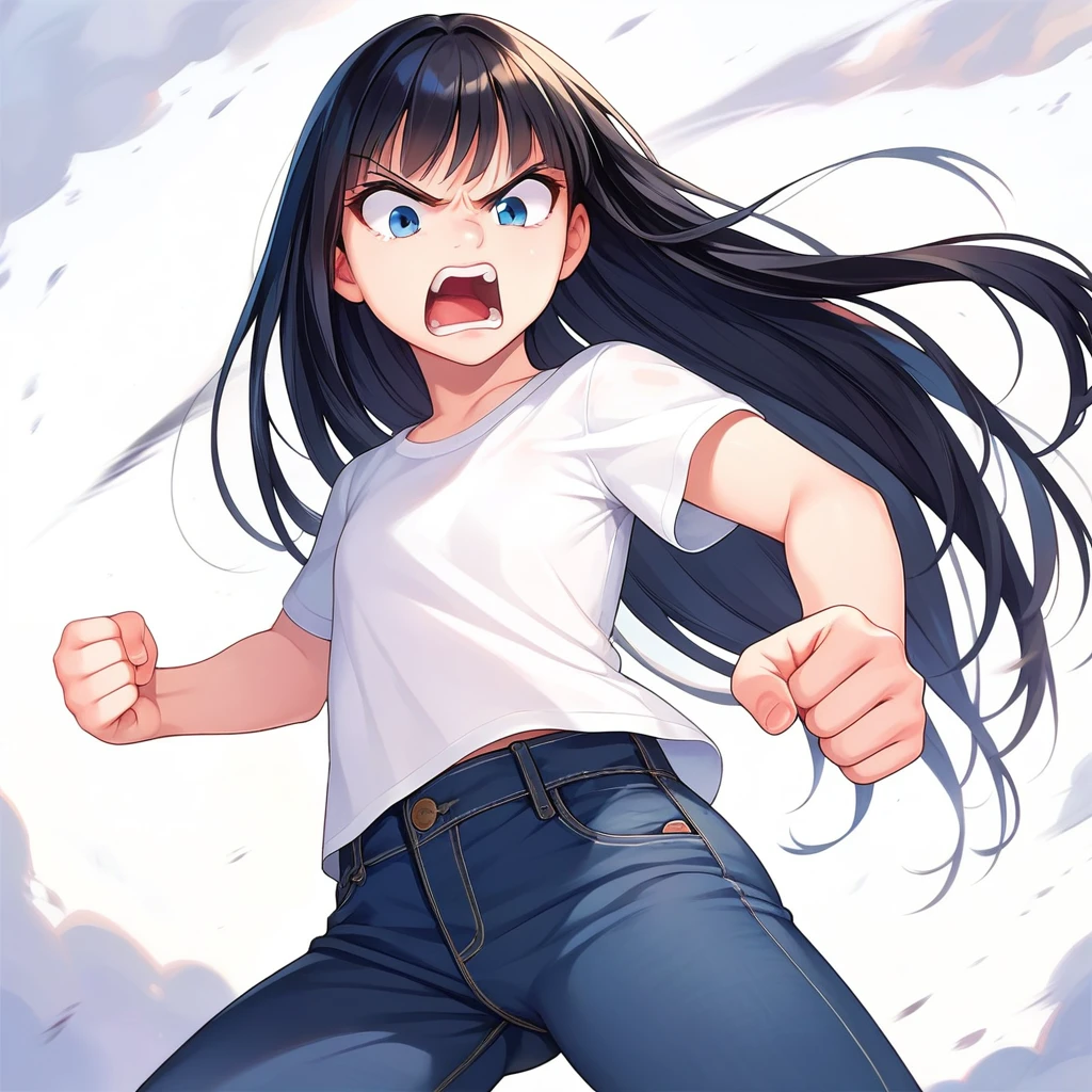 masterpiece , best quality , color , lineart , face close-up , 1 girl , solo , 20 years old , flat chest , long hair , black hair , bangs , short sleeve , white tshirts , long pants , jeans , (furious:1.5), standing , fight , open eyes , looking down , open mouth , from front , bedroom , simple backqround ,