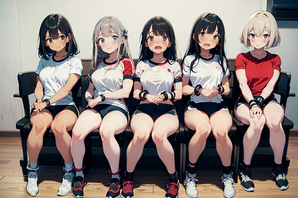 3 girls, strapped to chairs, tied up, (blushing, red face, crying, terrified), (ankle cuffs, ankles tied, wrist cuffs, wrists tied), long hair, beautiful eyes, (((short sleeves, tight clothing, gym uniform l, mini-shorts))), perfect body, perfect face, perfect eyes, detailed eyes, full body