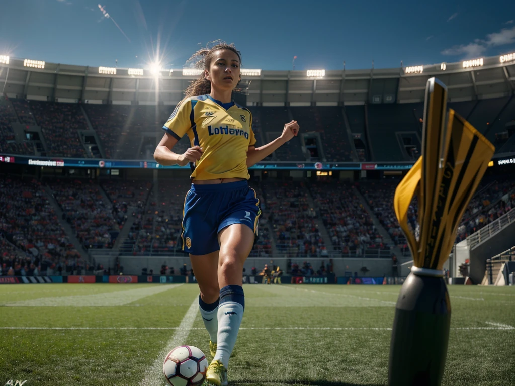 Soccer competition , detailed sports uniform, soccer ball, dynamic action pose, running on the field, outdoor stadium, crowd cheering, dramatic lighting, cinematic composition, photorealistic, (best quality,4k,8k,highres,masterpiece:1.2),ultra-detailed,(realistic,photorealistic,photo-realistic:1.37),HDR,UHD,studio lighting,ultra-fine painting,sharp focus,physically-based rendering,extreme detail description,professional,vivid colors,bokeh,sports photography