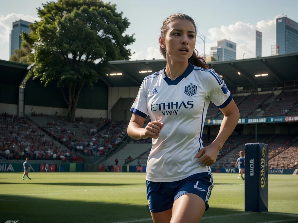 Soccer competition , detailed sports uniform, soccer ball, dynamic action pose, running on the field, outdoor stadium, crowd cheering, dramatic lighting, cinematic composition, photorealistic, (best quality,4k,8k,highres,masterpiece:1.2),ultra-detailed,(realistic,photorealistic,photo-realistic:1.37),HDR,UHD,studio lighting,ultra-fine painting,sharp focus,physically-based rendering,extreme detail description,professional,vivid colors,bokeh,sports photography