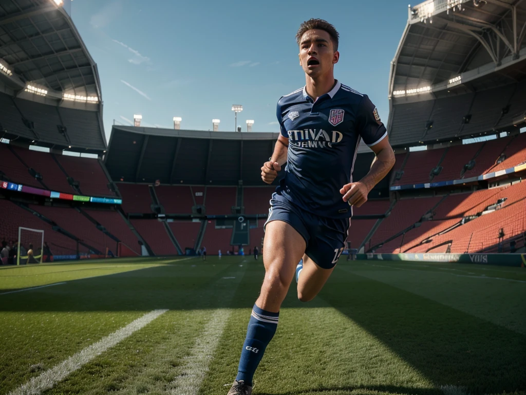 Soccer competition , detailed sports uniform, soccer ball, dynamic action pose, running on the field, outdoor stadium, crowd cheering, dramatic lighting, cinematic composition, photorealistic, (best quality,4k,8k,highres,masterpiece:1.2),ultra-detailed,(realistic,photorealistic,photo-realistic:1.37),HDR,UHD,studio lighting,ultra-fine painting,sharp focus,physically-based rendering,extreme detail description,professional,vivid colors,bokeh,sports photography
