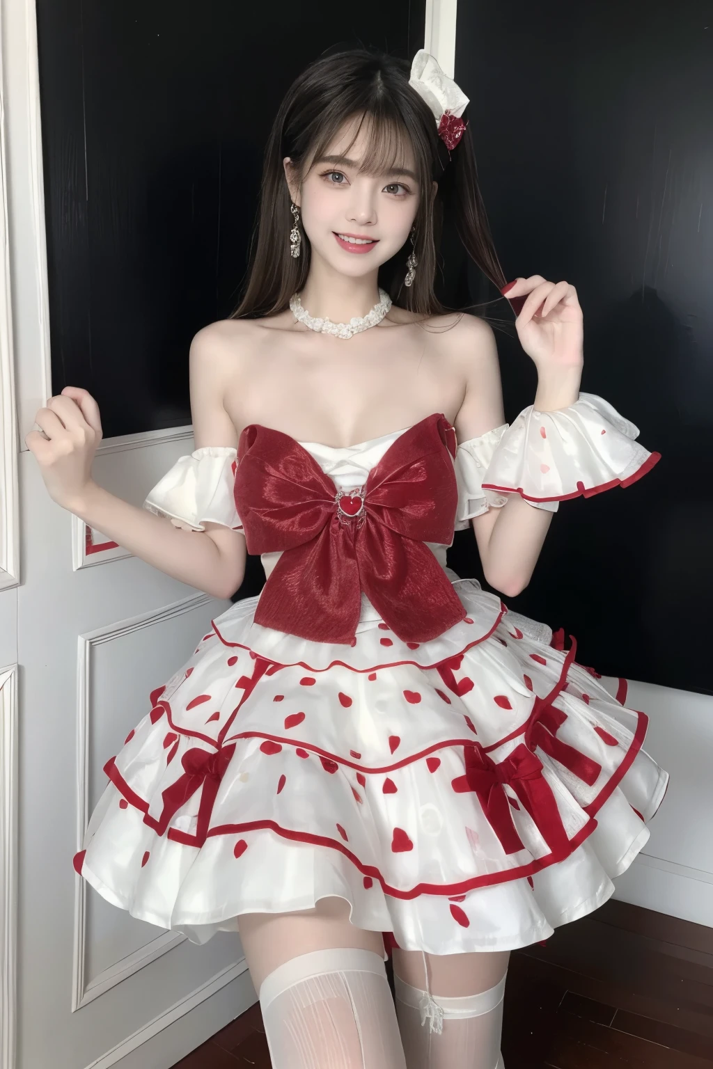 WHAT,bow,crinoline, ((Large Breasts)), ((D cup)), Visible cleavage，Highly detailed face and skin texture，((Bare shoulder)), Double eyelids，Skin Whitening，Long hair，Whitening long legs，Standing by the sea, Fashion Girl, Red lips, Sweet Girl, Beautiful makeup, detail, lifelike, Very detailed, Astonishing, beautiful, Young and energetic, high quality，HD, Colorful， Beautifully, Smooth skin, The skirt is very short, Official Art, Extremely detailed, Movie atmosphere, Soft colors, Natural skin texture, Random scene, random shooting Angle, Black over-the-knee socks, lace hem