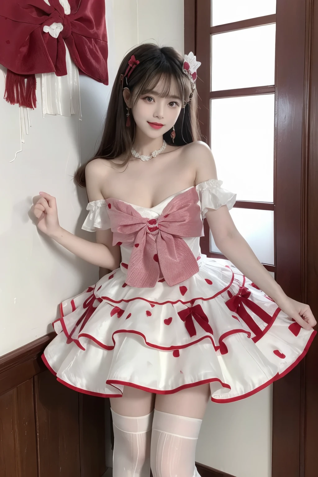 WHAT,bow,crinoline, ((Large Breasts)), ((D cup)), Visible cleavage，Highly detailed face and skin texture，((Bare shoulder)), Double eyelids，Skin Whitening，Long hair，Whitening long legs，Standing by the sea, Fashion Girl, Red lips, Sweet Girl, Beautiful makeup, detail, lifelike, Very detailed, Astonishing, beautiful, Young and energetic, high quality，HD, Colorful， Beautifully, Smooth skin, The skirt is very short, Official Art, Extremely detailed, Movie atmosphere, Soft colors, Natural skin texture, Random scene, random shooting Angle, Black over-the-knee socks, lace hem