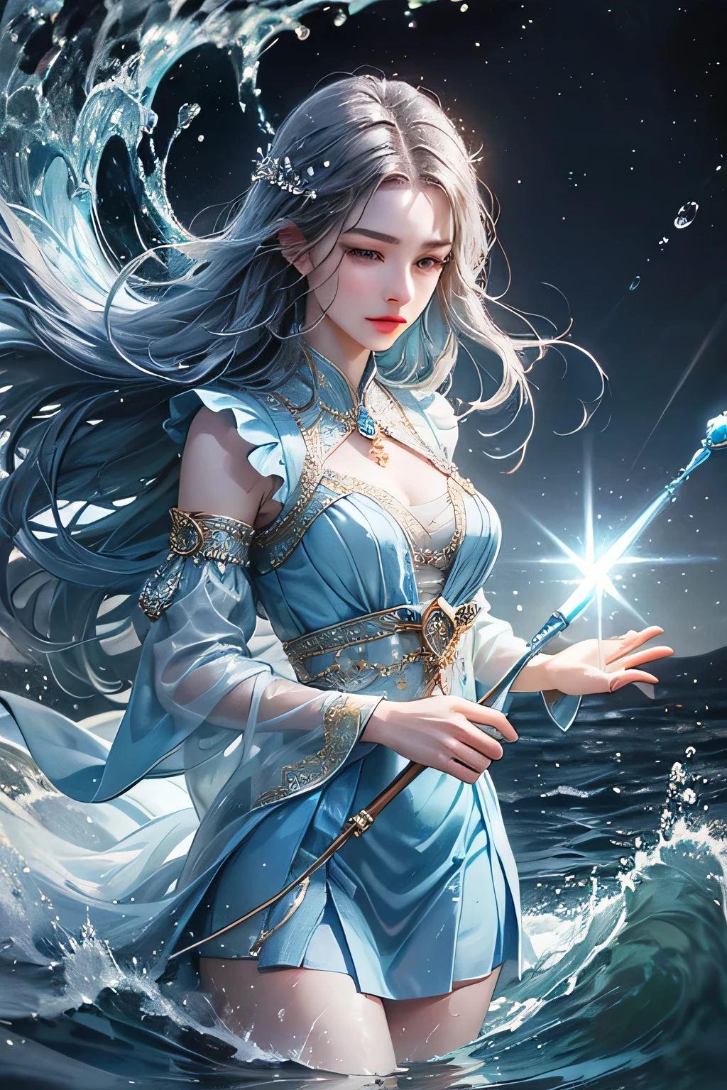 "Create an ultra-realistic image of a beautiful 21-year-old girl holding a magical staff that radiates the essence of water. She should be dressed in an elegant, blue shaded outfit that reflects her deep connection to the element of water. Surround her with elements of water, such as cascading waves, shimmering droplets, and serene reflections, to showcase her mastery over this element. Include a distinct water symbol on her body, signifying her role as the keeper of water and illustrating the powerful, fluid energy of water she possesses within her."