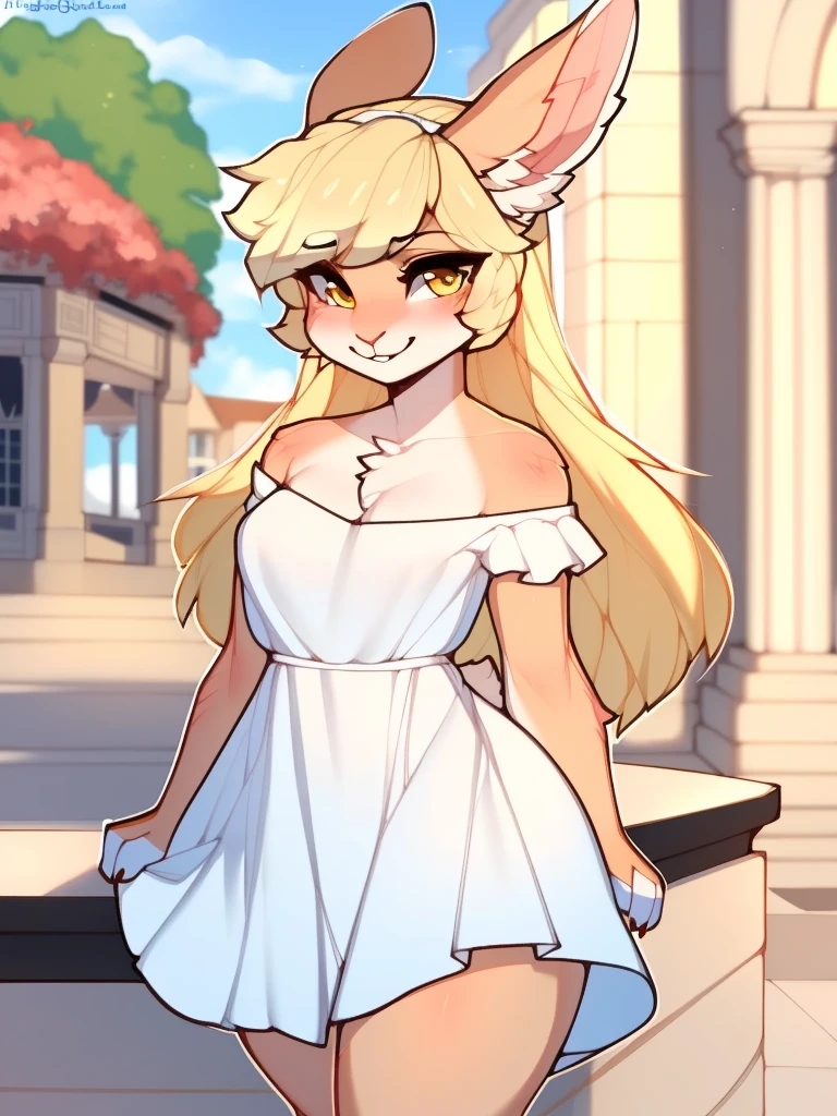 sfw, by claweddrip, by ressue, by pudgeruffian, by fleet-foot, by thericegoat, best quality, masterpiece, solo, female, rabbit, rabbit tail, (lop ears:1.1), blonde hair, long straight hair, beige fur, yellow eyes, bright eyes, medium breast, sundress, white sundress, off-shoulder, frills, gentle smile, plaza scenery