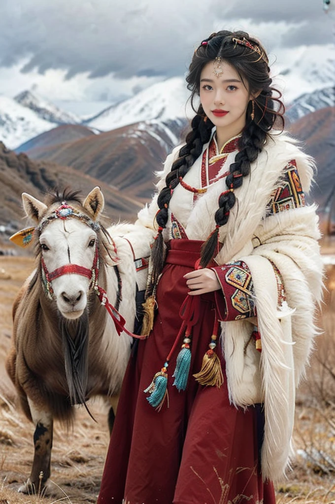 (((best quality))),(((ultra detailed))),(((masterpiece))),illustration,a beautiful Tibetan girl,solo,slim,flat chest,Plush hat,snow-capped plateau,magnificent red traditional outfit,radiant smile,Standing by the roadside,vast verdant grasslands,majestic snow-capped peaks,striking appearance,dark almond-shaped eyes,sparkling with joy,long flowing black hair,intricate braids,colorful beads,jewelries,intricately woven ribbons,red rob embroidered with golden threads,Tibetan culture,lush green grasslands,serene ambiance,sheep and yaks grazing,crisp air,invigorating scent of the highland,beauty and resilience,pure bliss